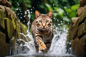 Fototapeta premium Full-length portrait photography of a funny bengal cat sprinting against a majestic waterfall. With generative AI technology