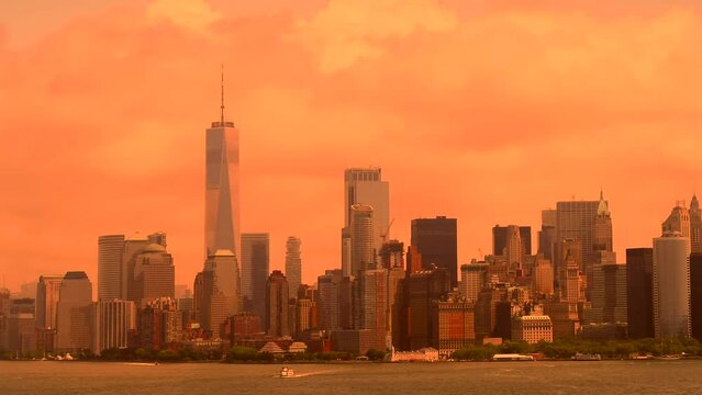 Orange smog in New York 4k aerial video. Fires in Canada 2023