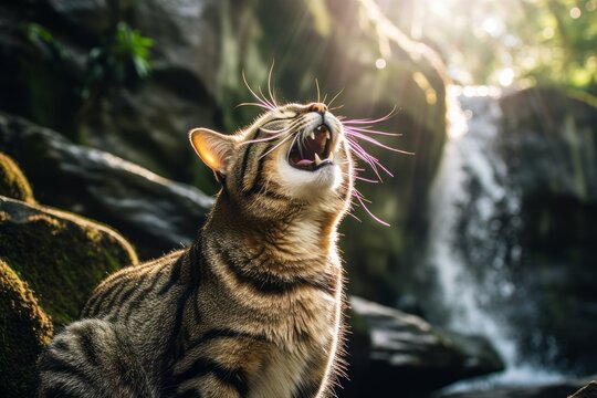 Lifestyle portrait photography of a happy american shorthair cat yawning against a majestic waterfall. With generative AI technology
