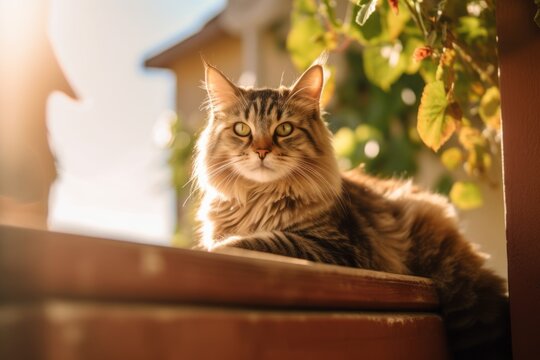 Lifestyle portrait photography of a smiling siberian cat climbing against a sunlit patio. With generative AI technology