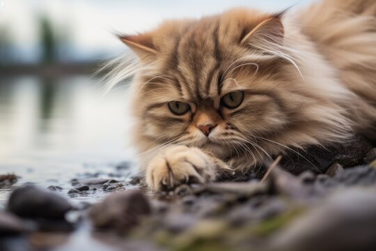Medium shot portrait photography of a happy persian cat paw-licking against a peaceful riverside. With generative AI technology