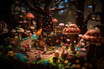 a whimsical and magical chocolate forest, with minifigure characters and other charming confections to explore, created with generative ai