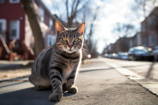 Environmental portrait photography of a funny american shorthair cat playing against a lively street. With generative AI technology