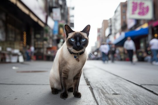 Full-length portrait photography of a smiling siamese cat skulking against a lively street. With generative AI technology