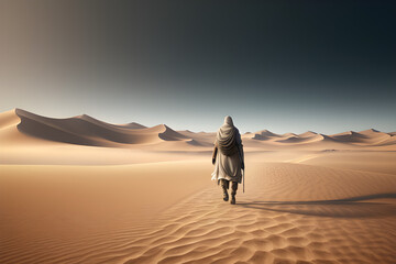 Fototapeta The traveler walks through the endless desert. The Bedouin walks along the desert dunes. generative AI obraz