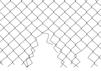 The texture of the metal mesh. Torn, destroyed, broken metal mesh on a white background. Grid