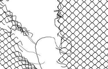 The texture of the metal mesh. Torn, destroyed, broken metal mesh on a white background. Grid