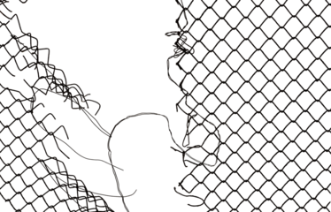 The texture of the metal mesh. Torn, destroyed, broken metal mesh on a white background. Grid