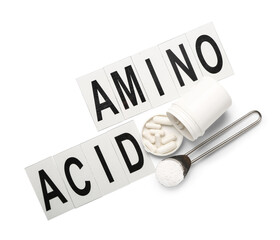 Text AMINO ACID, pills and powder on white background