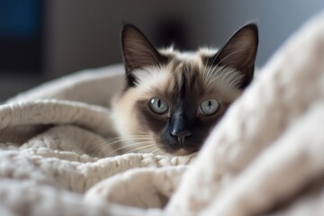 Full-length portrait photography of a cute balinese cat climbing against a cozy blanket. With generative AI technology