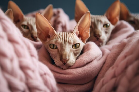 Group portrait photography of a funny sphynx cat wall climbing against a cozy blanket. With generative AI technology