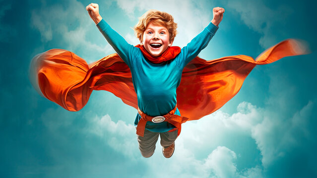 boy wearing a vibrant superhero cape, jumping off a small hill, his arms outstretched, summer vibe, Generative AI