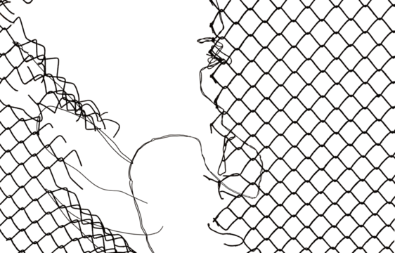 The texture of the metal mesh. Torn, destroyed, broken metal mesh on a white background. Grid