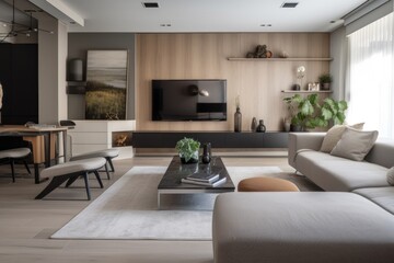 clutter-free living room with sleek furnishings, minimalist decor, and ultra-modern features, created with generative ai