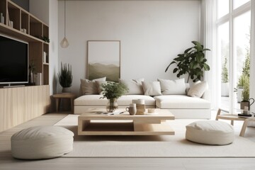 Fototapeta na wymiar minimalist living room with a modern furniture and scandinavian design, created with generative ai