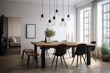 minimalist dining room, with sleek lighting and simple decor, created with generative ai
