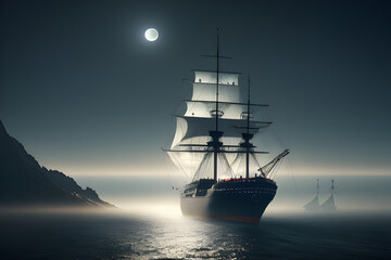 Sailing ship in the fog and the moon in the sky. Pirate ship at night. generative AI