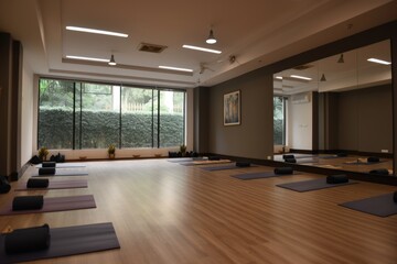 yoga studio, with clean and clutter-free environment for practice, created with generative ai