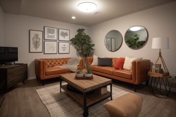 clutter-free living room, with cozy furniture and warm lighting, perfect for relaxing or entertaining, created with generative ai