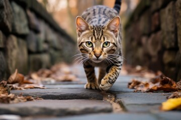 Environmental portrait photography of a curious savannah cat sprinting against a quaint cobblestone path. With generative AI technology