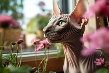 Fototapeta na wymiar Medium shot portrait photography of a happy sphynx cat window watching against a lush flowerbed. With generative AI technology