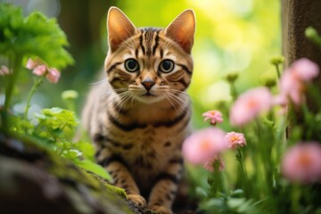 Naklejka na ściany i meble Medium shot portrait photography of a smiling bengal cat playing against a lush flowerbed. With generative AI technology
