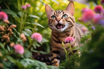 Medium shot portrait photography of a smiling bengal cat playing against a lush flowerbed. With generative AI technology