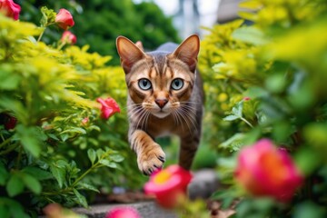 Naklejka na ściany i meble Lifestyle portrait photography of a cute abyssinian cat pouncing against a lush flowerbed. With generative AI technology