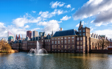Binnenhof Palace in The Hague (Den Haag) along the Hohvijfer canal, The Netherlands - Dutch Parliament buildings.