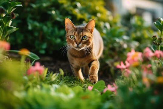 Lifestyle portrait photography of a cute abyssinian cat pouncing against a lush flowerbed. With generative AI technology