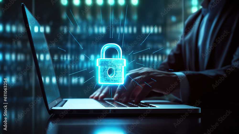 Poster businessman's using laptop shows a lock icon. internet network cyber security concept. generative ai
