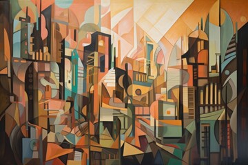 cubist painting of cityscape, with abstract shapes and lines creating a surrealistic view, created with generative ai
