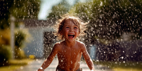 child runs through a sprinkler, laughing and getting soaked, summer vibe, Generative AI