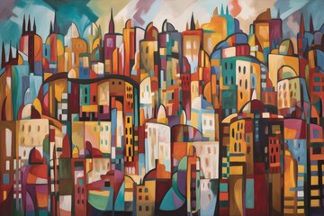 cubist painting of vibrant cityscape, with skyscrapers and bustling streets, created with generative ai