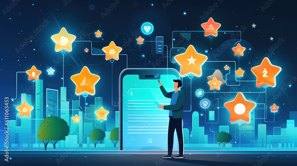 Aufkleber customer review satisfaction survey concept. user give rating to service experience. generative ai