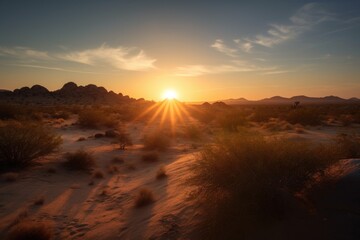 desert sunrise, with the sun peeking over the horizon and casting a warm glow on the landscape, created with generative ai