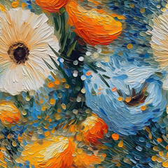 Flowers oil painting seamless repeat pattern, colorful, impressionism [Generative AI]

