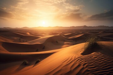 Fototapeta na wymiar desert with towering dunes and the sun setting in the background, created with generative ai
