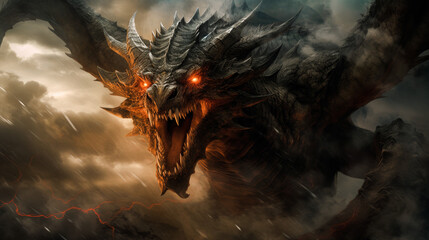 A dragon in battle with fierce eyes and bared teeth amidst a stormy sky. Generative AI technology. © Happy Prompt