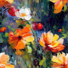 Flowers oil painting seamless repeat pattern, colorful, impressionism [Generative AI]
