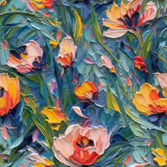Flowers oil painting seamless repeat pattern, colorful, impressionism [Generative AI]

