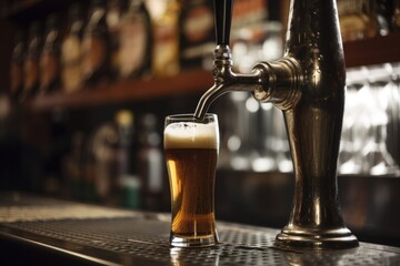draught beer tap, with the fresh and foamy brew flowing into a glass, created with generative ai