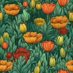 Flowers minimal seamless repeat pattern, colorful flower art [Generative AI]
