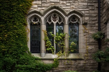 Fototapeta na wymiar stone exterior with stained glass window and ivy, created with generative ai