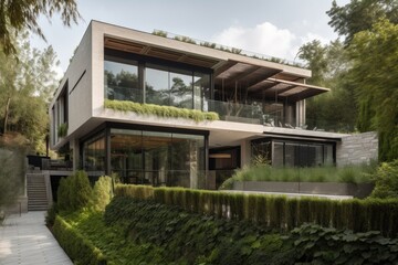 Fototapeta na wymiar modern home surrounded by lush greenery and natural landscape, created with generative ai