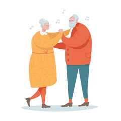 Smiling elderly couple dancing together. Isolated old characters for Advertisement of club dances. Isolated on white background. Hand drawn vector flat illustration