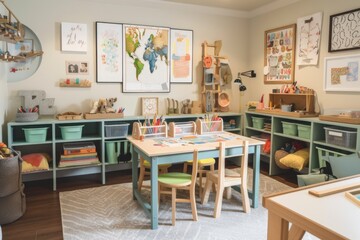 creative and playful homeschooling classroom with art supplies, books, and games, created with generative ai