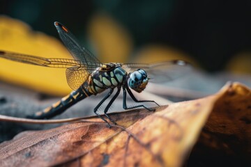 macro shot of dragonfly resting on leaf, created with generative ai