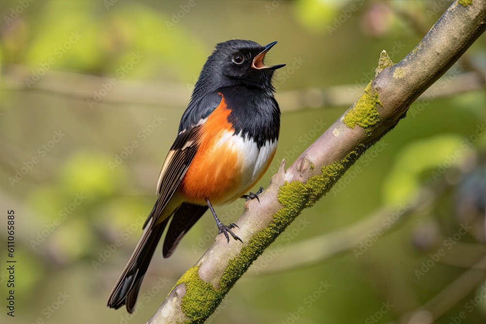 Wall mural male redstart bird perching on tree branch, singing its heart out, created with generative ai