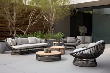 modern outdoor furniture and lounge area, with contemporary design and sleek lines, created with generative ai
